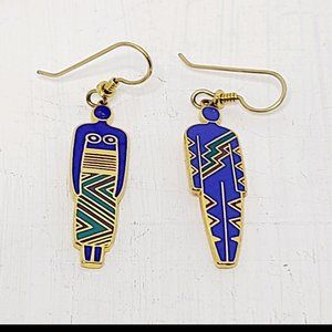 Vintage Signed Laurel Burch Man Woman Enamel Dangle Earrings, Blue, EUC